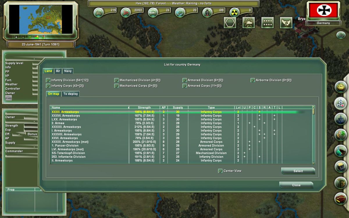 Time of Fury (Windows) screenshot: German Forces Screen