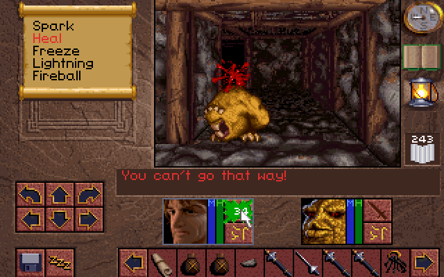 Lands of Lore: The Throne of Chaos (DOS) screenshot: Mines are dangerous place to dig; stone walls inside are alive, and cannot be harmed with slicing and dicing technique