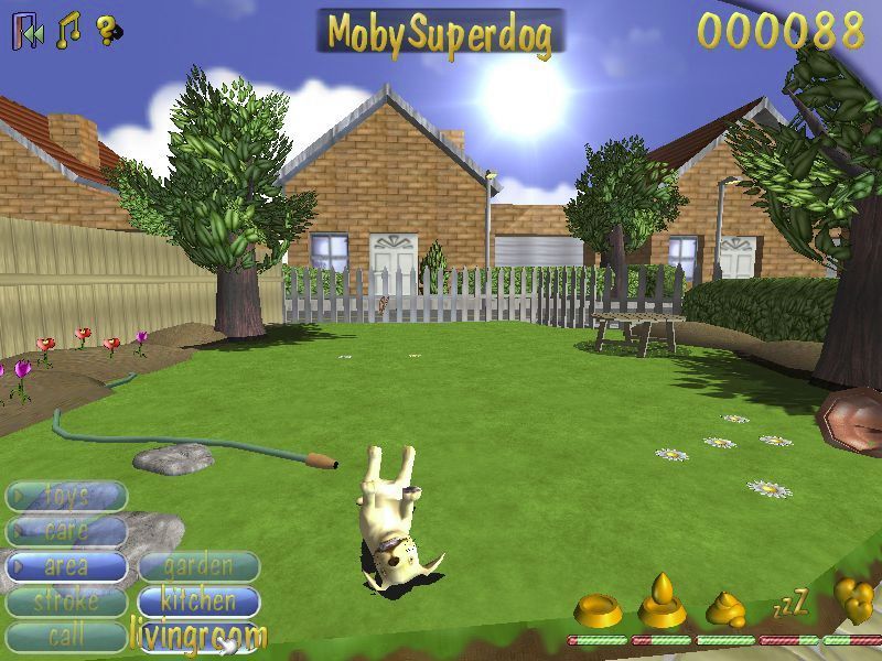 Puppies (Windows) screenshot: In the garden with the puppy and showing the menu potion that changes location. Though the garden looks nice there's nothing here that the player, or puppy, can interact with