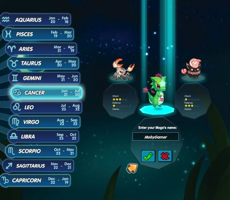 Monster Galaxy (Browser) screenshot: Monster Selection - Choose a monster from a specified zodiac. Each zodiac has three different monsters, with different specialties.