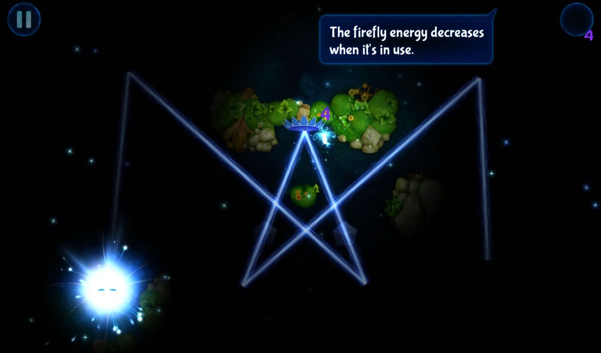 God of Light (Android) screenshot: Using a firefly to see the pattern with the solution.