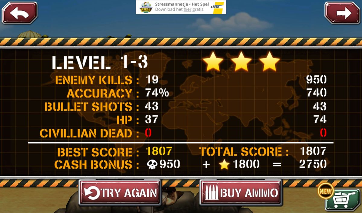 Gun Strike 2 (Android) screenshot: Level completion screen