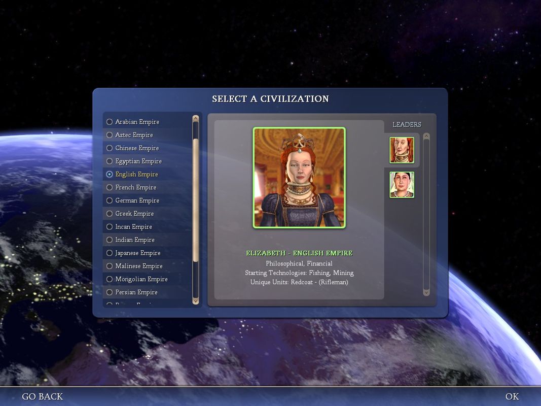 Sid Meier's Civilization IV (Windows) screenshot: Some civilizations now have two leaders you can choose from. Each one has different traits.