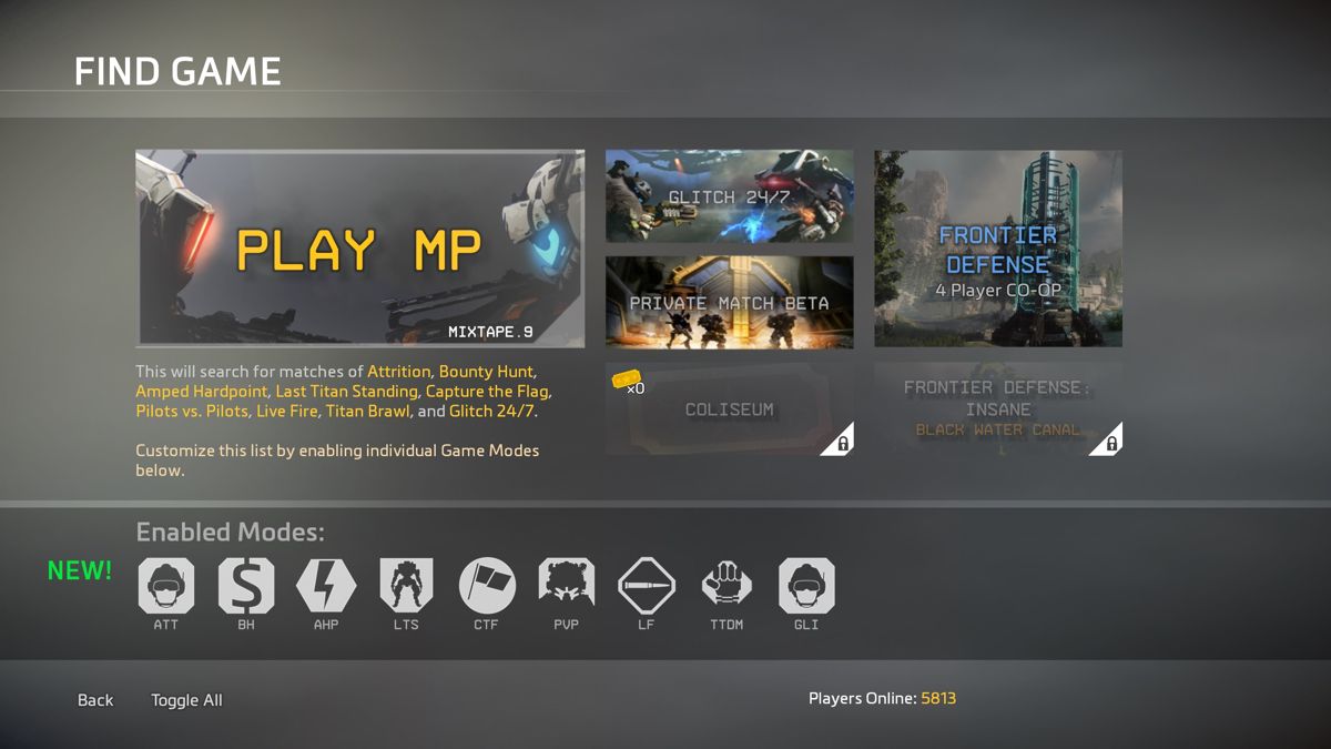 Titanfall 2 (Windows) screenshot: Locating a multiplayer game with various options