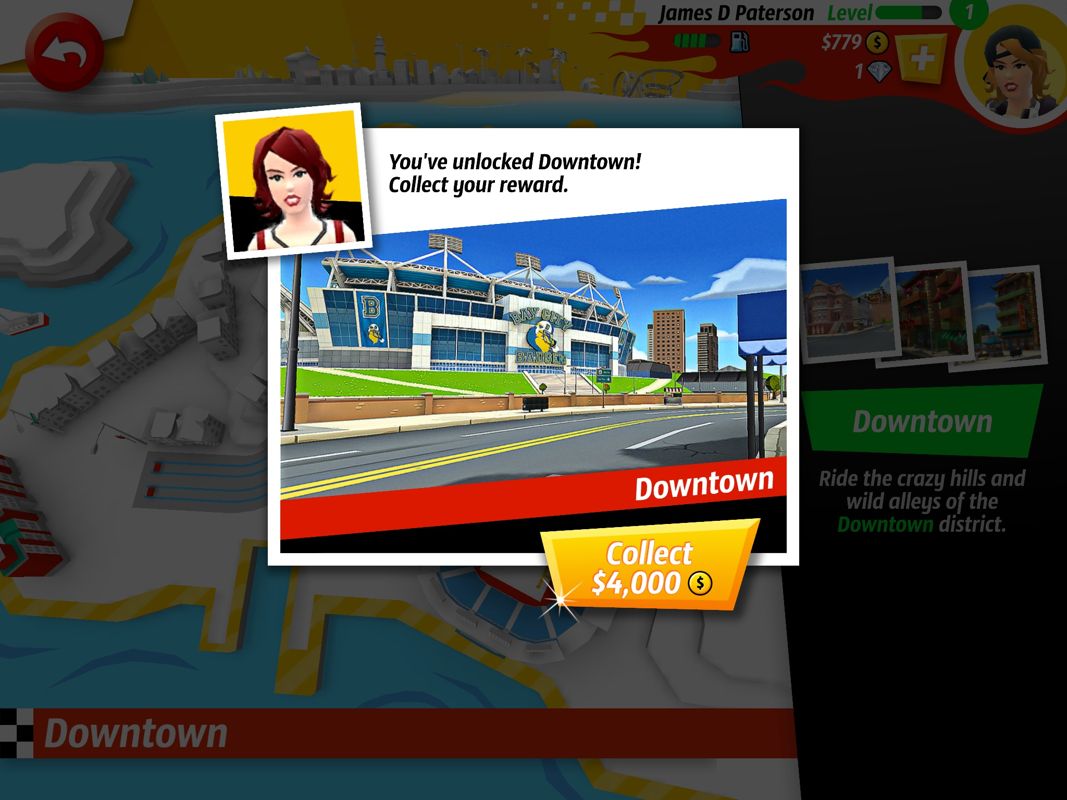 Crazy Taxi: City Rush (iPad) screenshot: The Downtown district has been unlocked.