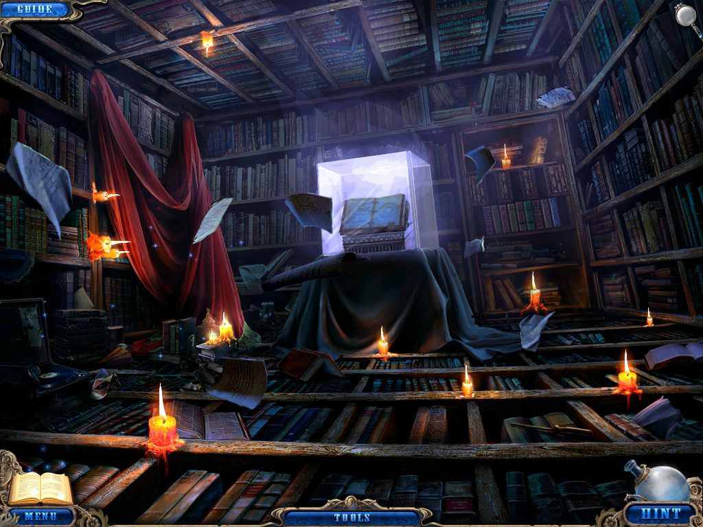 Dark Dimensions: City of Fog (Collector's Edition) (iPad) screenshot: Bonus: Caverns library with the book of evil in center