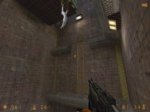 Half-Life (Windows) screenshot: This scientist won't be able to hold on for long