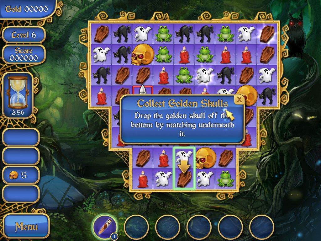 Spooky Bonus (Windows) screenshot: At level 6, you have to get golden skulls to the bottom to collect them.
