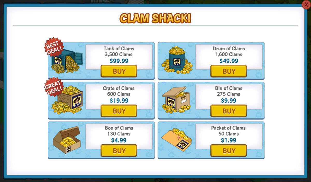Family Guy: The Quest for Stuff (Android) screenshot: You can speed up time by buying a lot of clams.