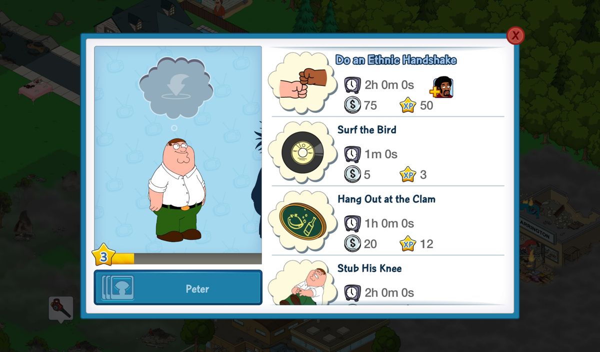 Family Guy: The Quest for Stuff (Android) screenshot: Peter's activities