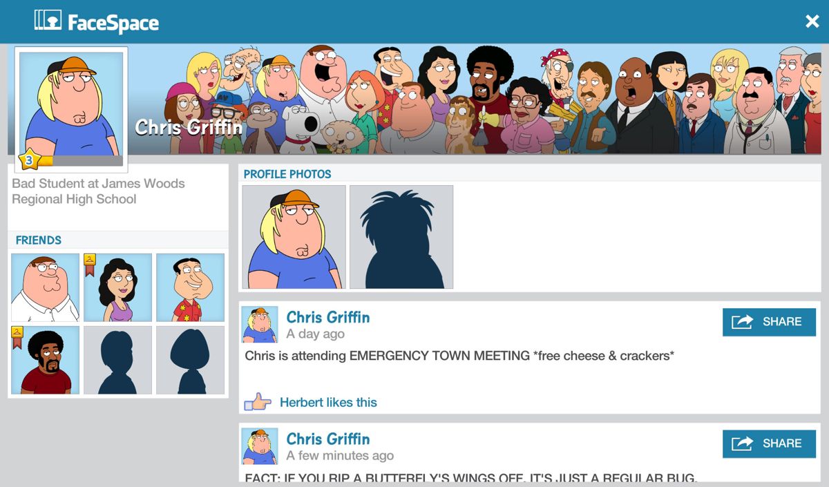Family Guy: The Quest for Stuff (Android) screenshot: FaceSpace, the Facebook parody