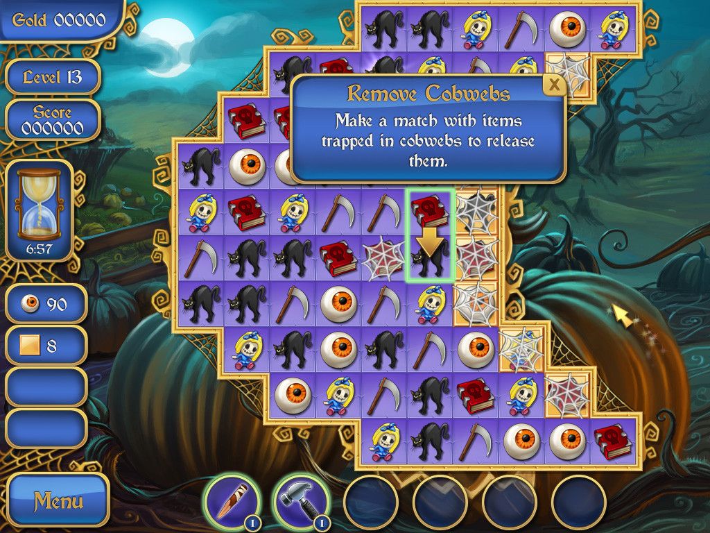 Spooky Bonus (Windows) screenshot: Items in cobwebs cannot move but they can be matched.