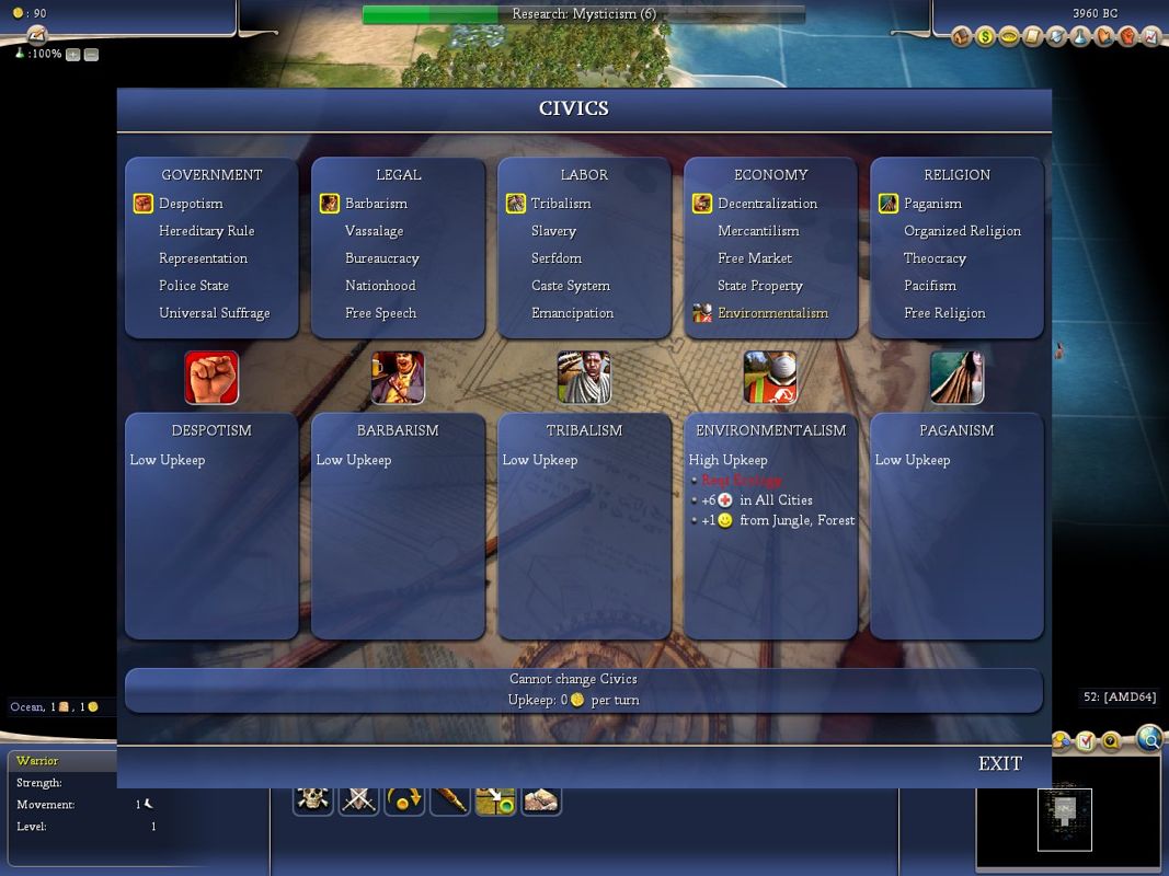 Sid Meier's Civilization IV (Windows) screenshot: In Civ 4, you have various civic options to determine your government type.