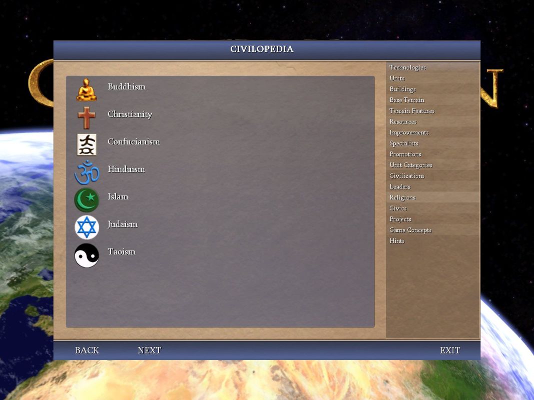 Sid Meier's Civilization IV (Windows) screenshot: You now use icons rather than text to navigate the Civilopedia, which is probably less than ideal