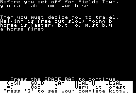 Goldfields (Apple II) screenshot: Preparing to Head to the Gold Fields