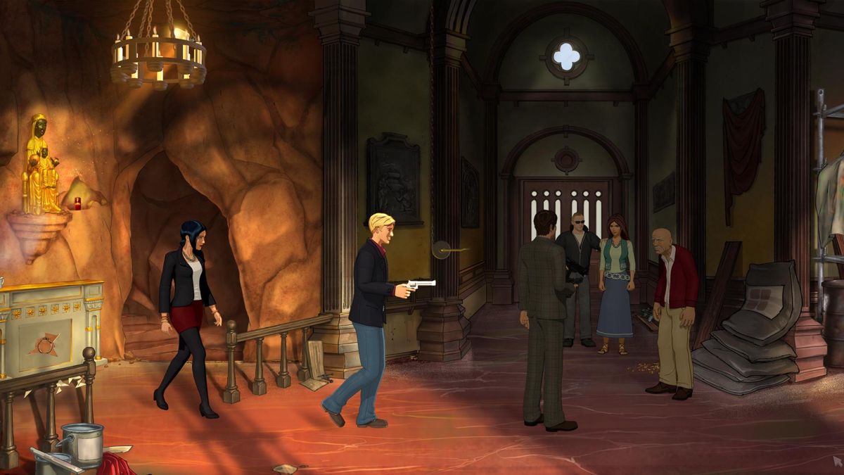 Broken Sword 5: The Serpent's Curse (Windows) screenshot: Three guns and six people (Episode 2)