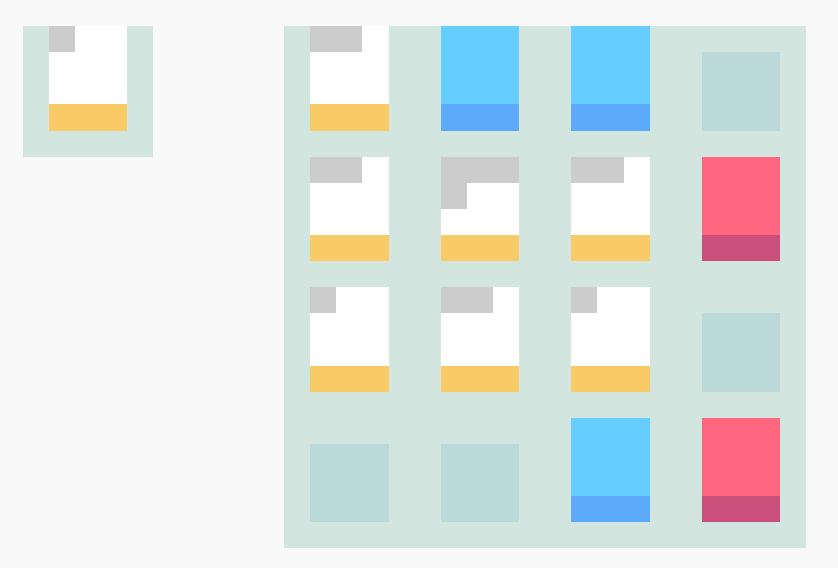 Threes: The Demake (Browser) screenshot: The patterns start to form through the amount of grey pixels in the white tiles.