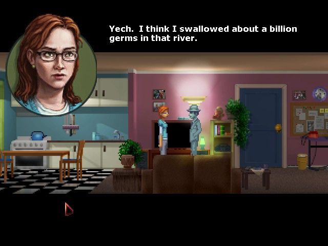 The Blackwell Deception (Windows) screenshot: A patch changed the style of all character portraits to be closer to the previous games of the series. Here, the new Rosangela.
