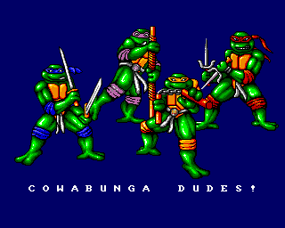 Teenage Mutant Ninja Turtles (Amiga) screenshot: Turtles gang (European version)