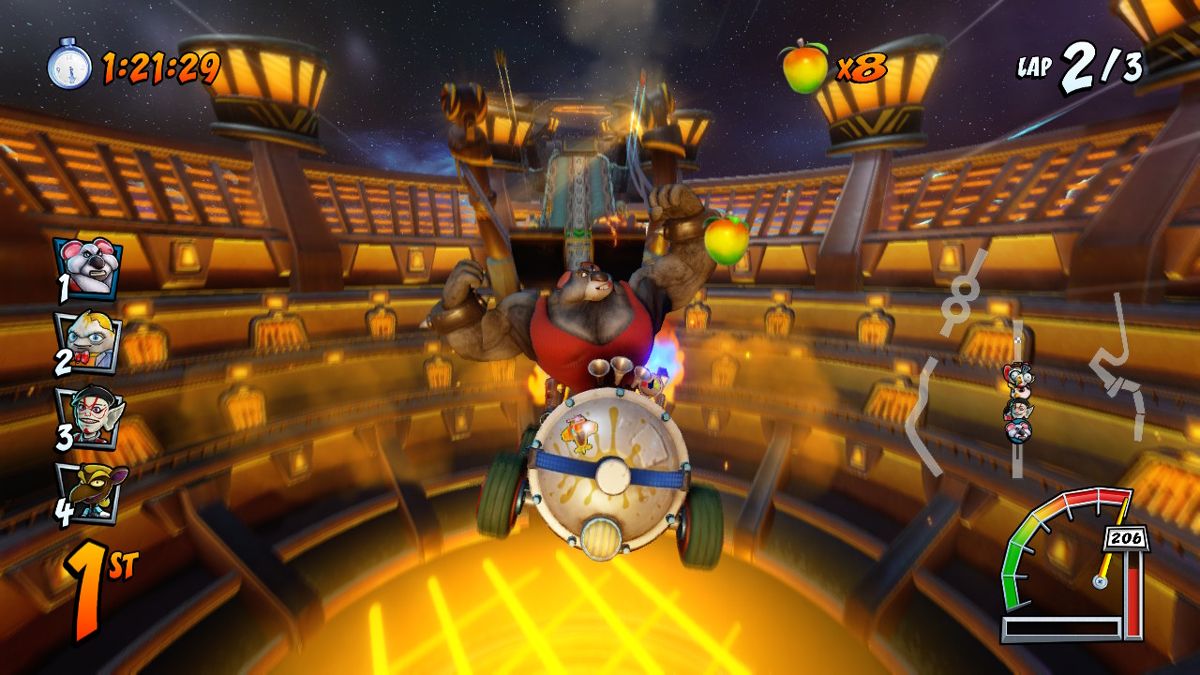 CTR: Crash Team Racing - Nitro-Fueled (Nintendo Switch) screenshot: Getting distracted by a Wumpa fruit mid-jump is probably not safe.