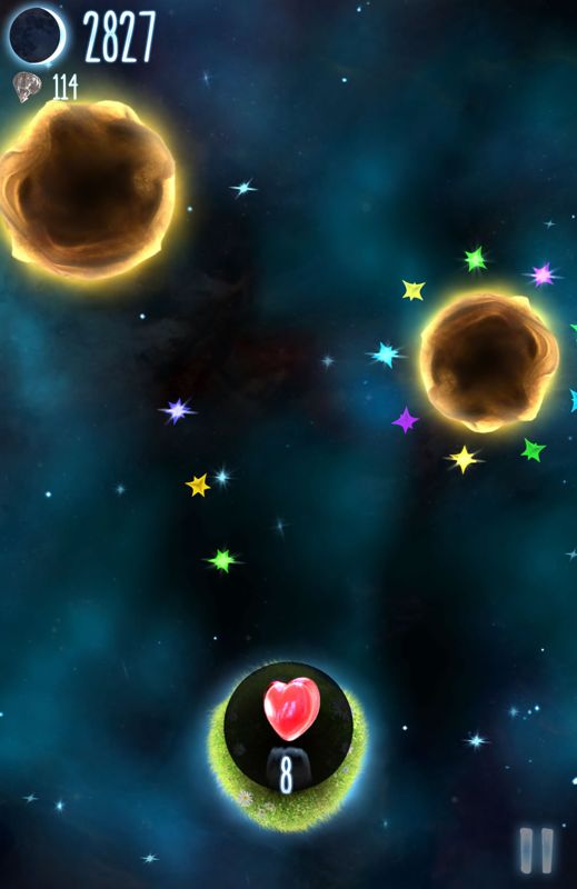 Little Galaxy (Android) screenshot: Hearts represent revives to continue where you died.