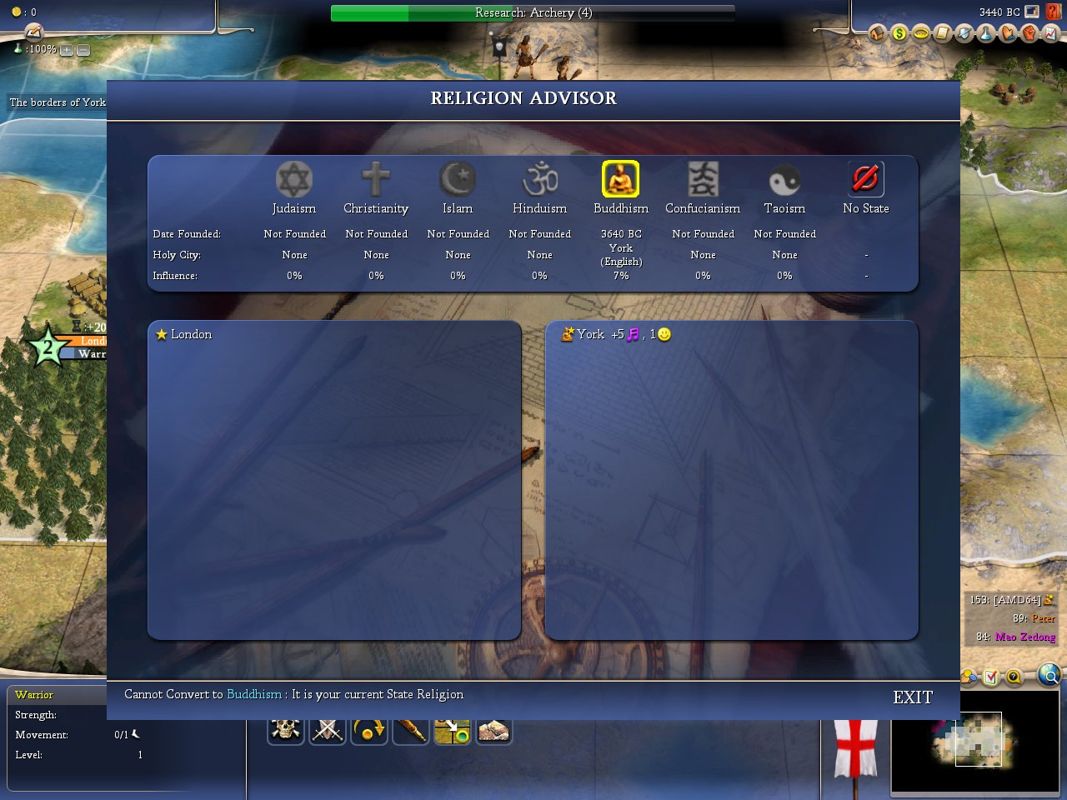Sid Meier's Civilization IV (Windows) screenshot: Religion plays an important role in Civ 4 as it affects your empire's culture, happiness, finances and even foreign relations.