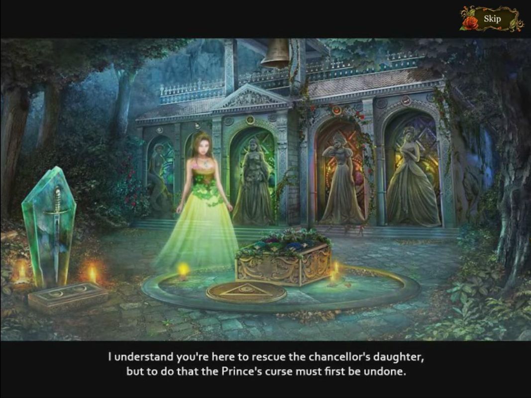 Dark Parables: The Exiled Prince (Windows) screenshot: Apparition appears again telling the story of the Frog Prince and his exile fate