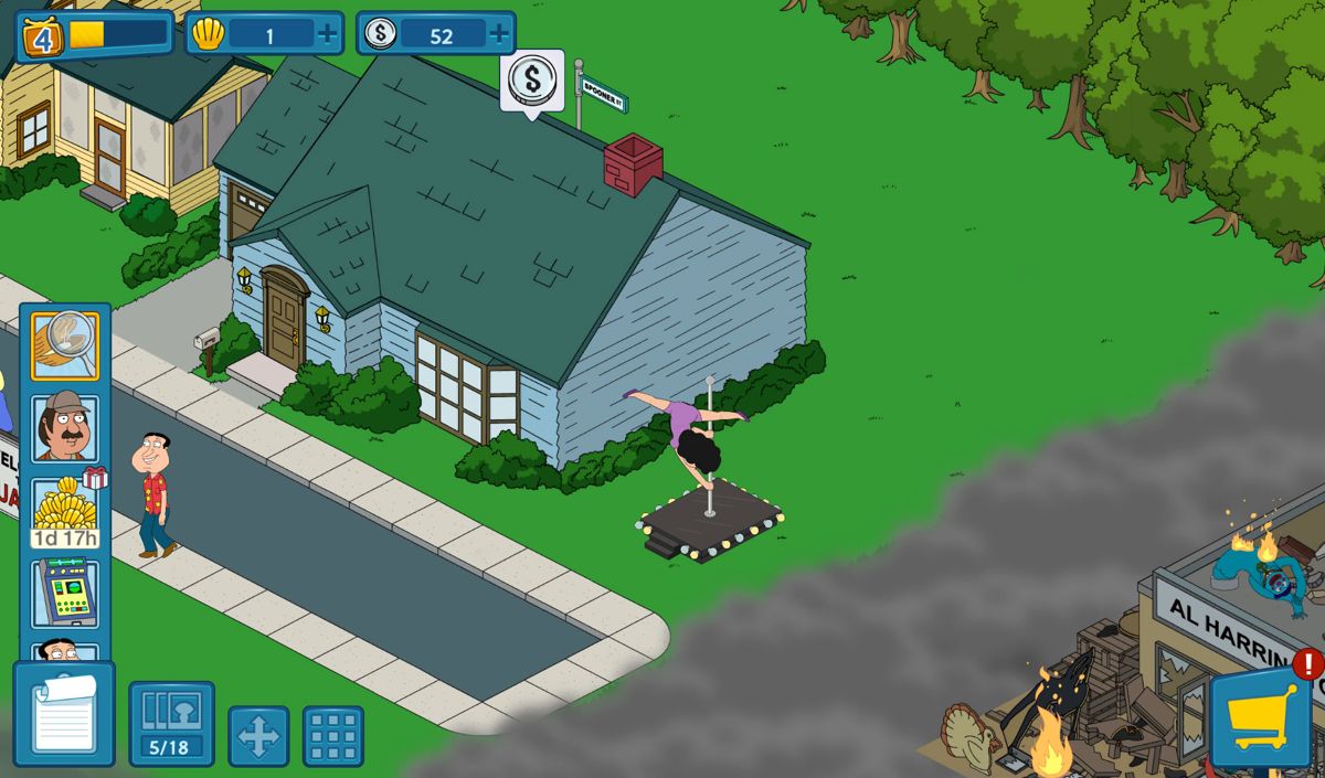 Family Guy: The Quest for Stuff (Android) screenshot: Bonnie is doing a show with the stripper's pole.