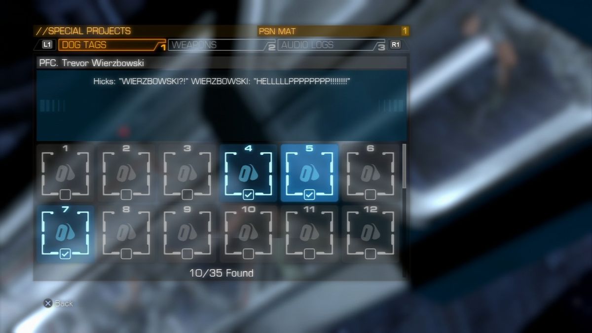 Aliens: Colonial Marines (PlayStation 3) screenshot: Checking the list of collected dog tags throughout the missions.