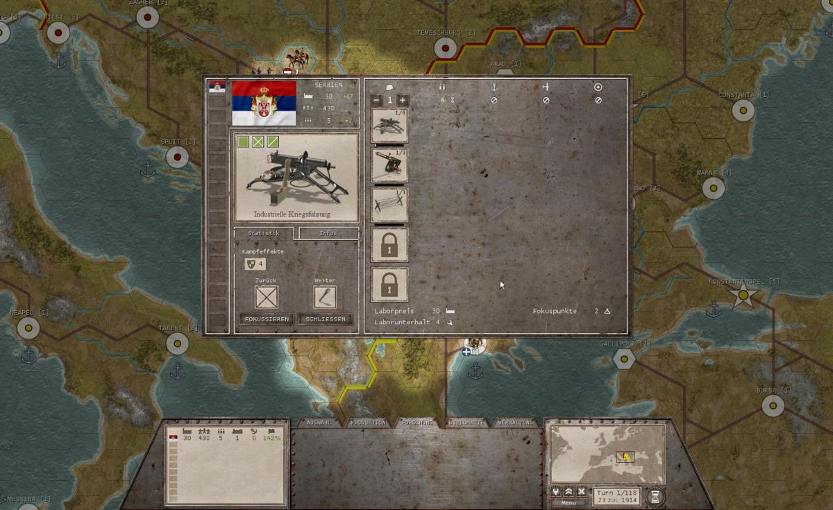 Commander: The Great War (Windows) screenshot: Research screen