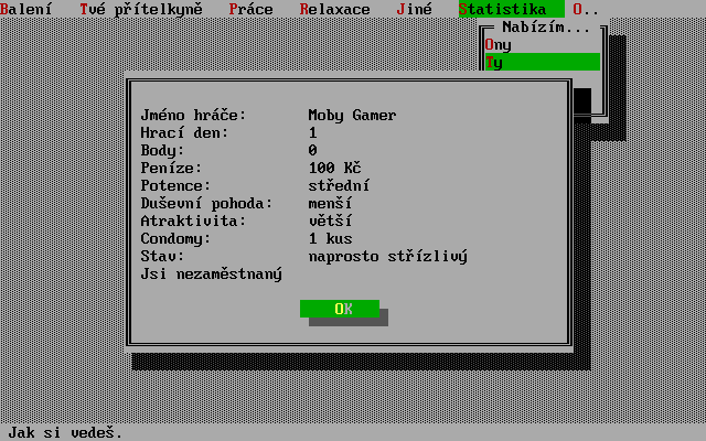 Playboy (DOS) screenshot: This is the game area, currently showing one of the statistics screens. Everything is text based, The game is played via the drop down menus which can be accessed via keyboard or mouse