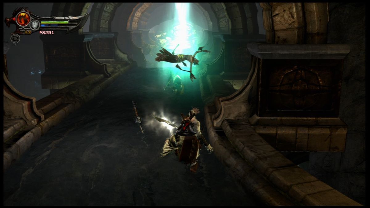 God of War: Ascension (PlayStation 3) screenshot: Using the relic that manipulates time against enemies will keep them floating in time bubble making them easy pickings for you.