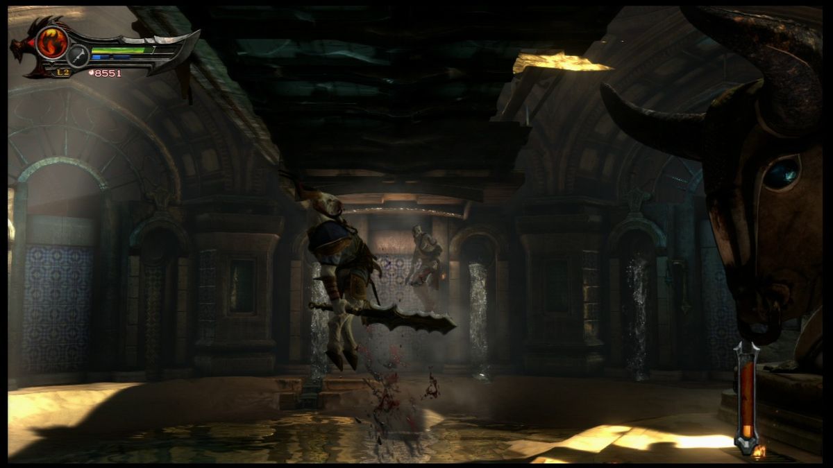 God of War: Ascension (PlayStation 3) screenshot: One of us is jumping, the other one is sucker punched into oblivion.