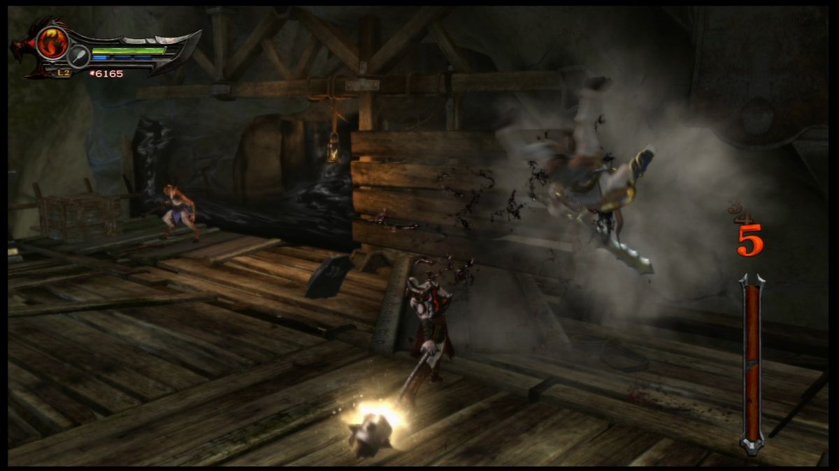 God of War: Ascension (PlayStation 3) screenshot: Slamming the big bad minotaur into the wall with a hammer.