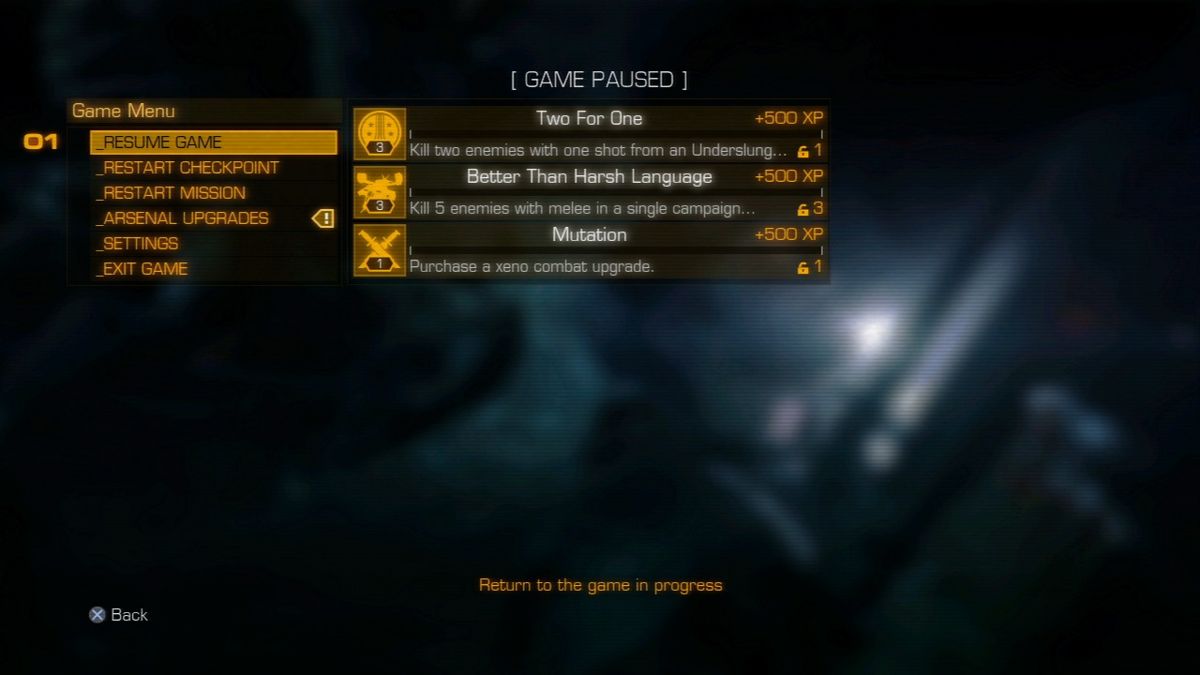 Aliens: Colonial Marines (PlayStation 3) screenshot: Pause menu.