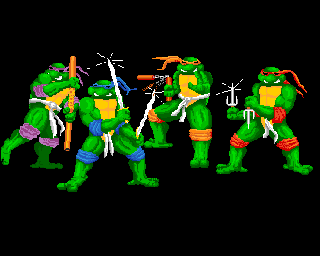 Teenage Mutant Ninja Turtles (Amiga) screenshot: Turtles gang (US version)