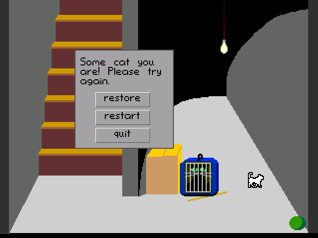 Cougar's Quest for Freedom (Windows) screenshot: You are a bad cat and have been caught. Game over.