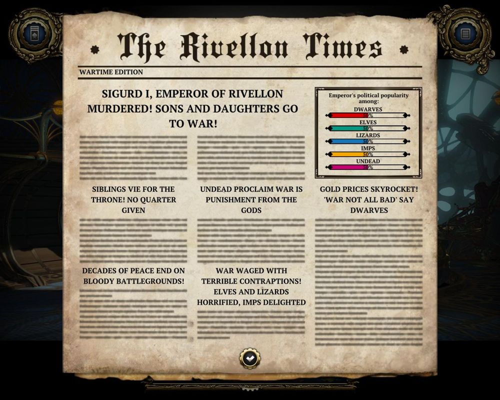 Divinity: Dragon Commander (Windows) screenshot: The Rivellon Times - Each turn, this newspaper acts as a partial progress report.