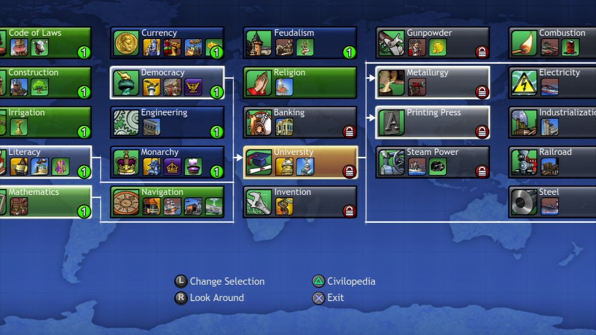 Sid Meier's Civilization: Revolution (PlayStation 3) screenshot: Technology tree.
