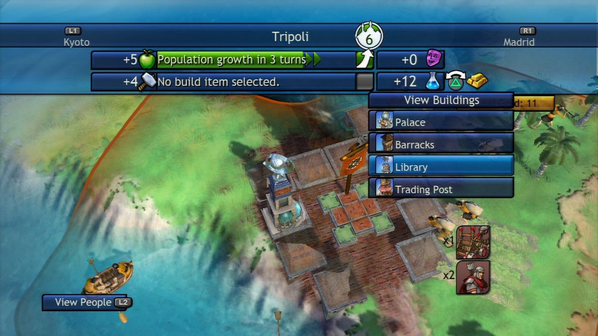 Sid Meier's Civilization: Revolution (PlayStation 3) screenshot: Zoom in on the city to see individually build buildings and wonders.