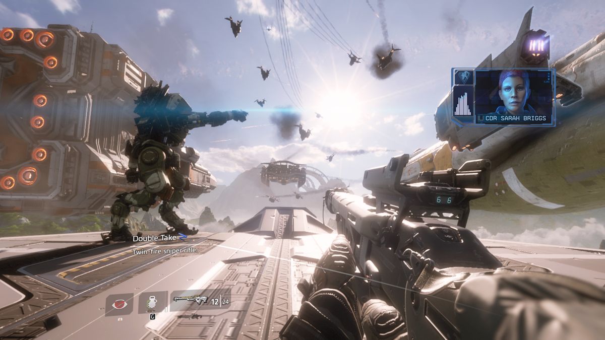 Titanfall 2 (Windows) screenshot: Fighting with BT on top of a flying ship.