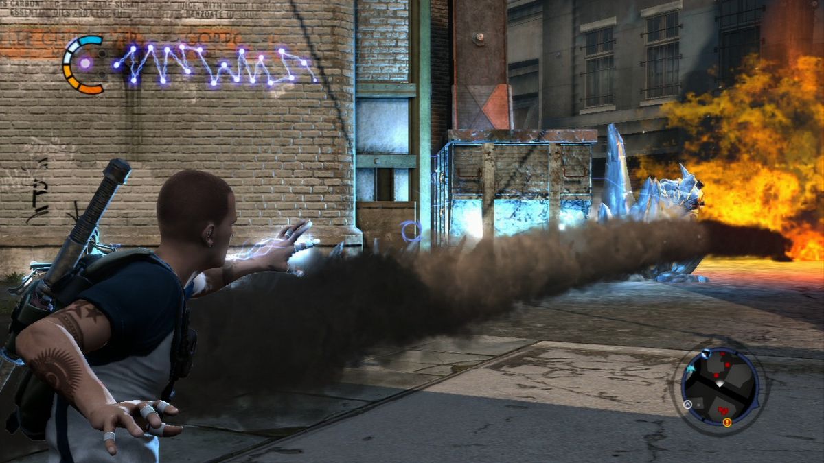 inFAMOUS 2 (PlayStation 3) screenshot: Sometimes you will encounter a conflict between different bands in the city.