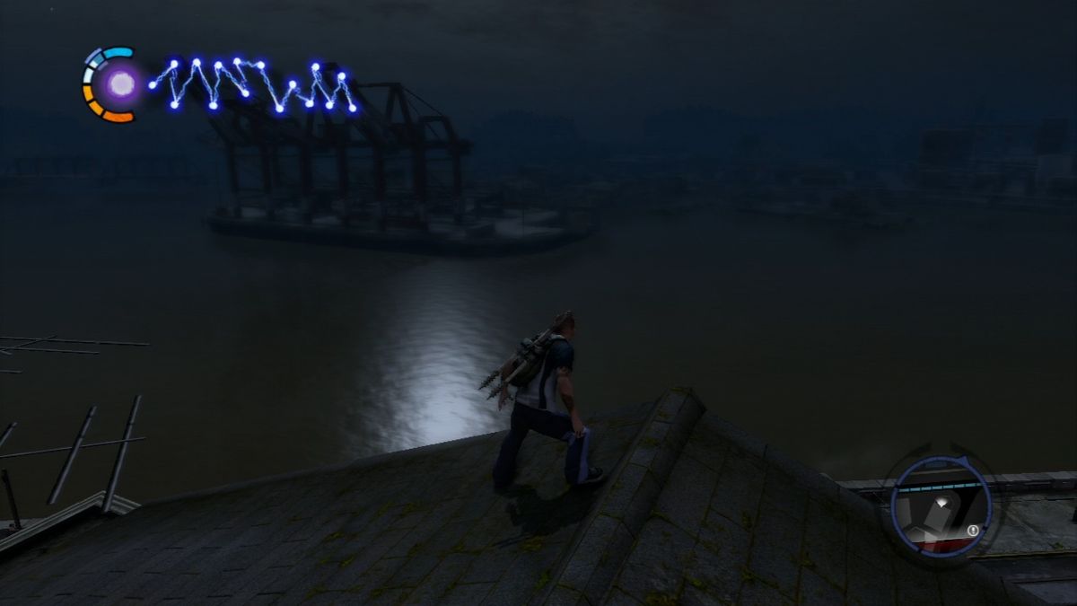 inFAMOUS 2 (PlayStation 3) screenshot: Night view of the port from the nearby roof.