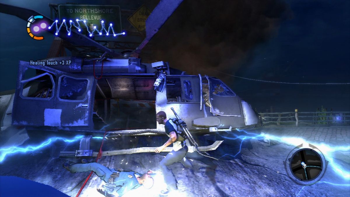 inFAMOUS 2 (PlayStation 3) screenshot: Healing the wounded police officer.