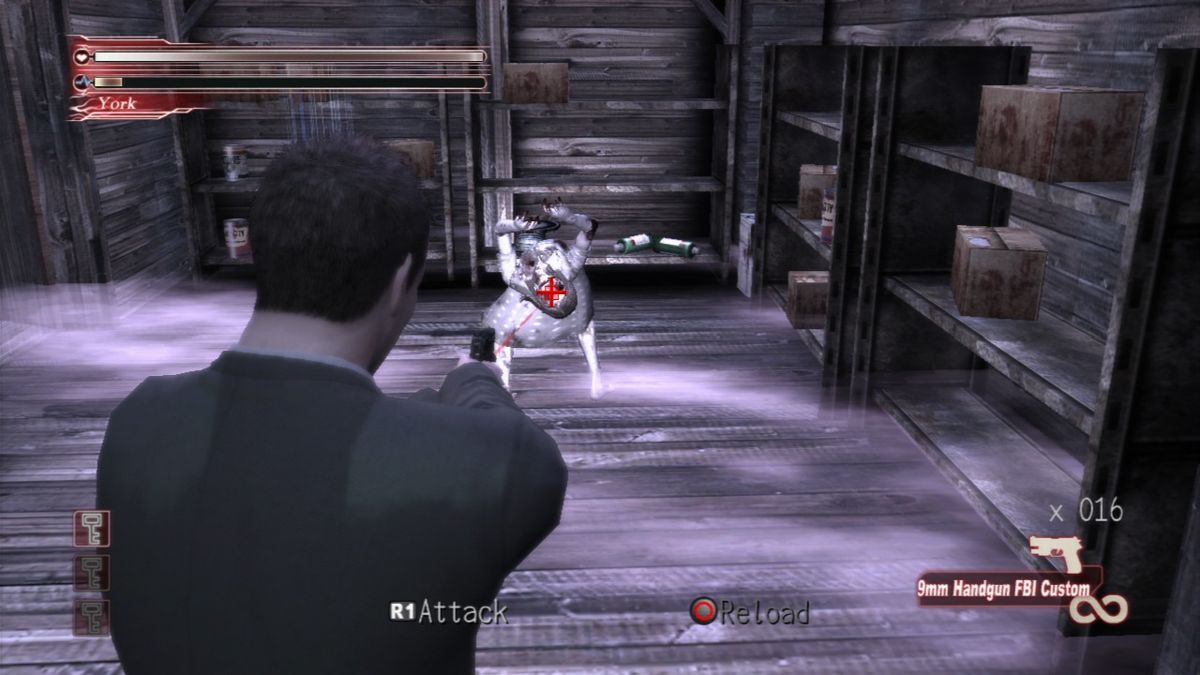 Deadly Premonition: The Director's Cut (PlayStation 3) screenshot: Attacked by the ghastly creature... aim for the head for best results.