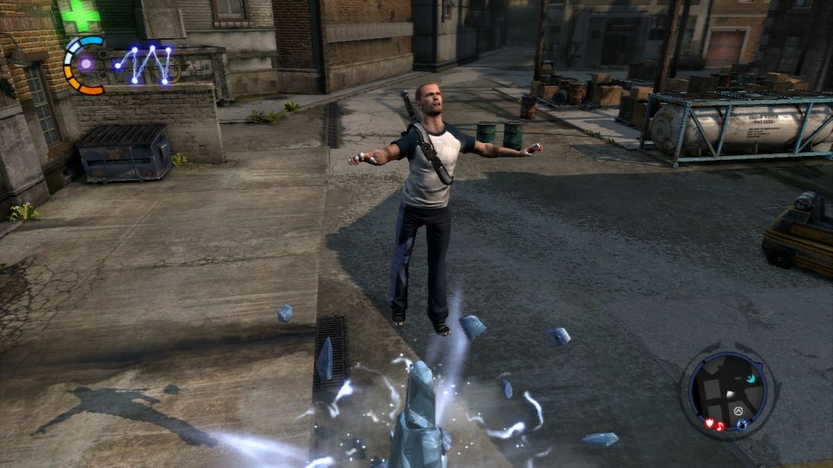 inFAMOUS 2 (PlayStation 3) screenshot: Cole testing a new ice based power that erects ice shards from the ground and launches Cole high in the air.