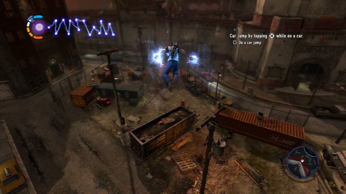 inFAMOUS 2 (PlayStation 3) screenshot: You can fall from any height without getting hurt, but gliding will let you reach further areas than free fall.