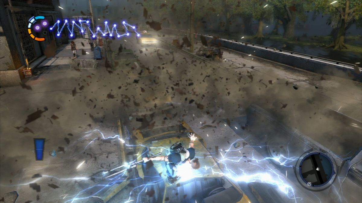 inFAMOUS 2 (PlayStation 3) screenshot: When you jump down with a blast you will create a shockwave damaging everything in a certain radius.