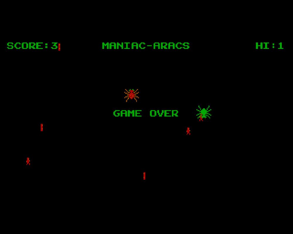 Maniac Aracs (Windows) screenshot: A human touched one of the spiders. Game over.