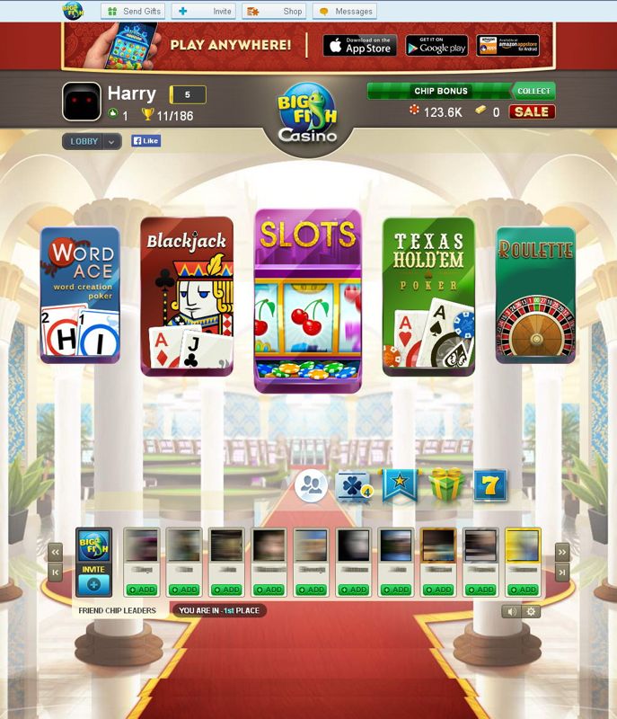 Big Fish Casino (Browser) screenshot: In the lobby where you can select a game (photos and names blurred for privacy)